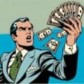man brashly waving notes