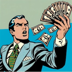 man brashly waving notes