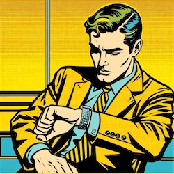 Now or later? A man impatiently looking at his watch
